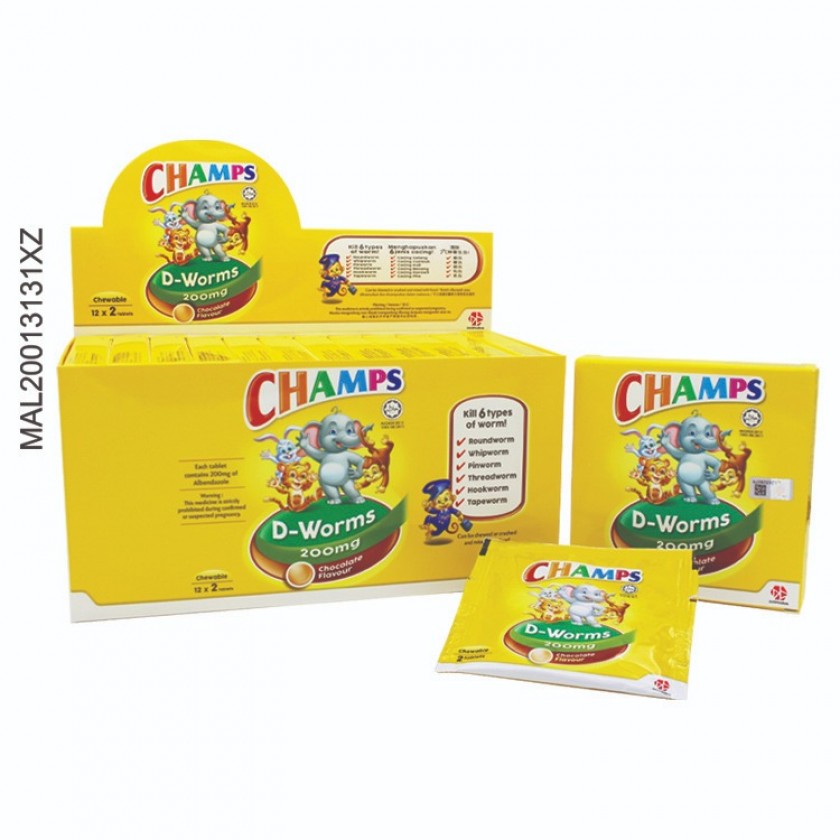 CHAMPS D-WORMS 200MG CHOCOLATE TAB 1X2'S